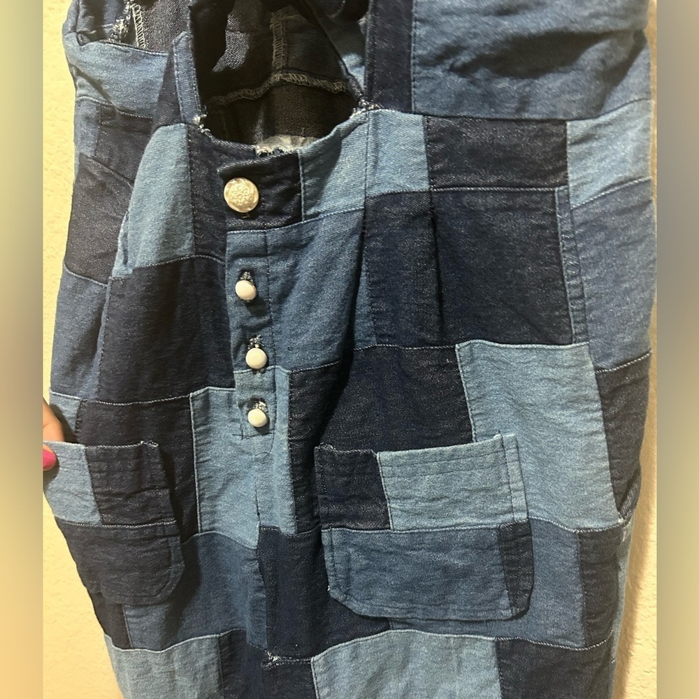 One of a Kind Patchwork Denim Overalls — Medium Petite Cropped Jean Jumpsuit - Picture 7 of 8
